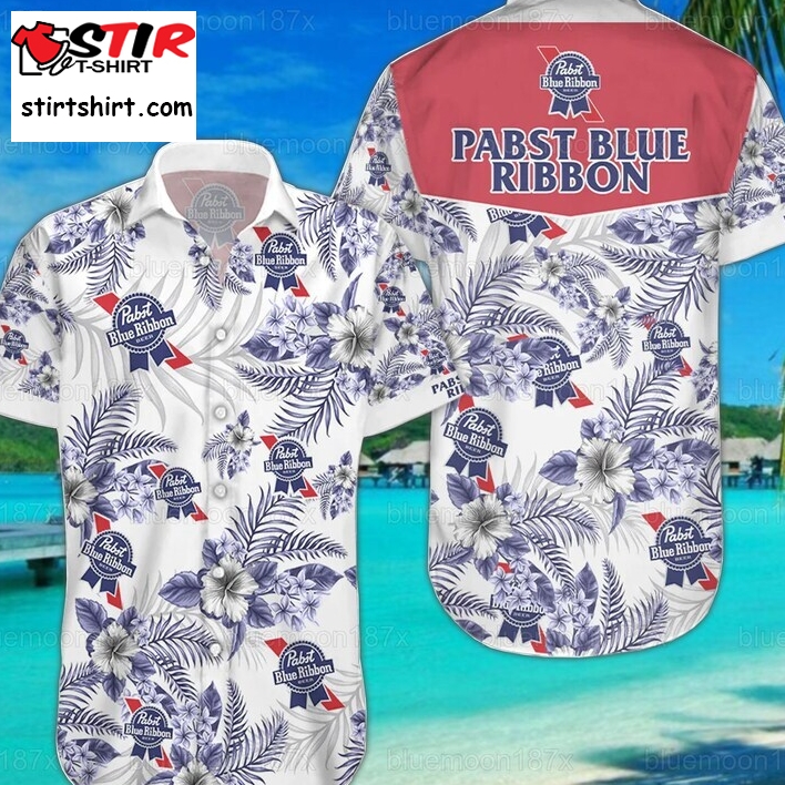 Pabst Blue Ribbon Beer Hawaiian Shirt Tropical Flower Pattern  Pabst Blue Ribbon 
