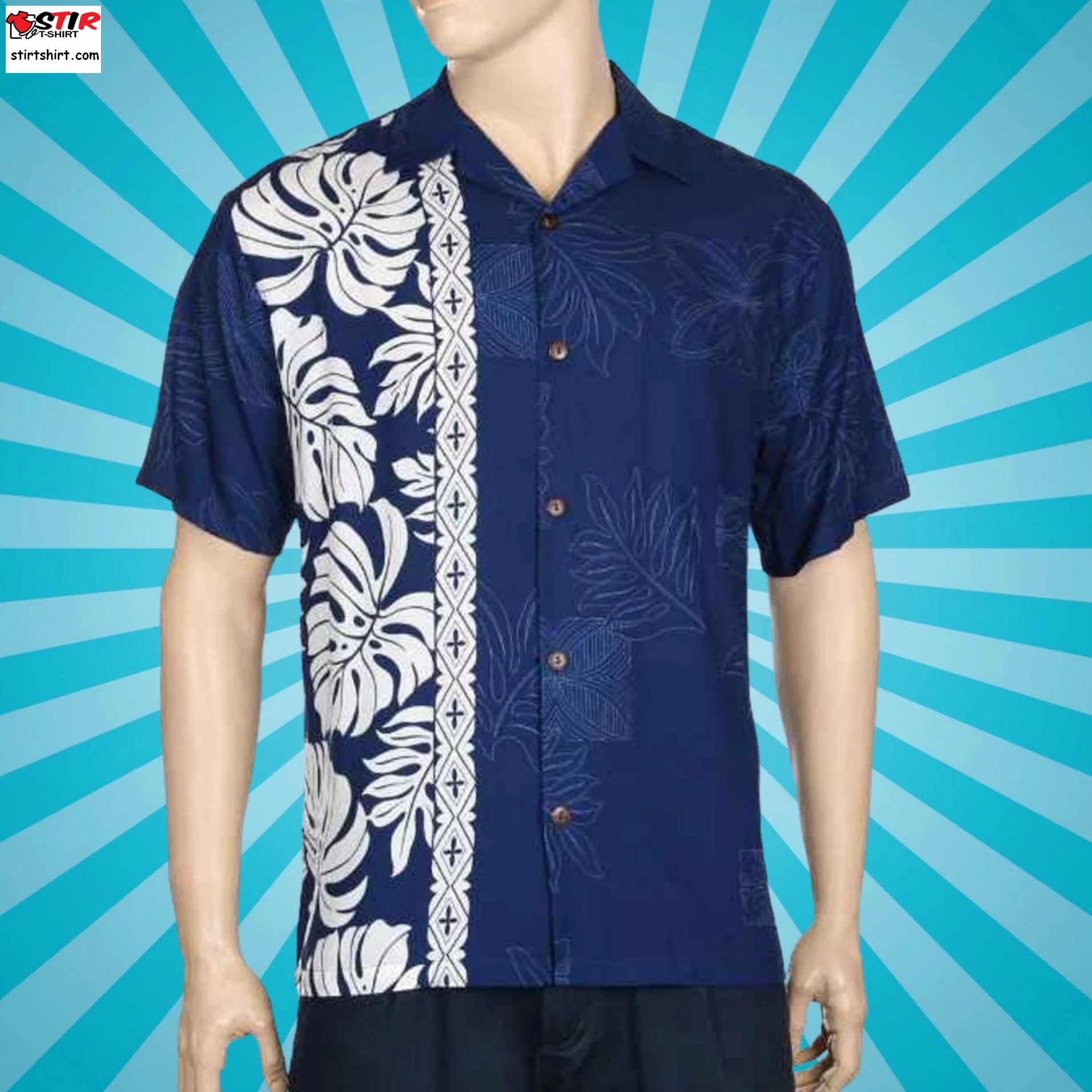 Premium Navy Blue Band Hawaiian Shirt Mens Aloha Shirt  s Blue