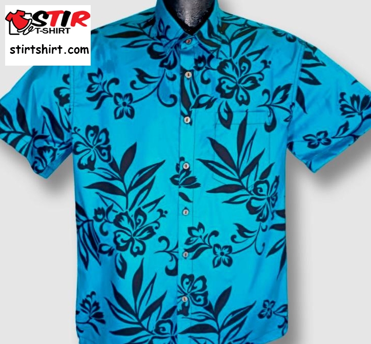 Reef Blue Polynesian Hibiscus Hawaiian Shirt  Tucked In 