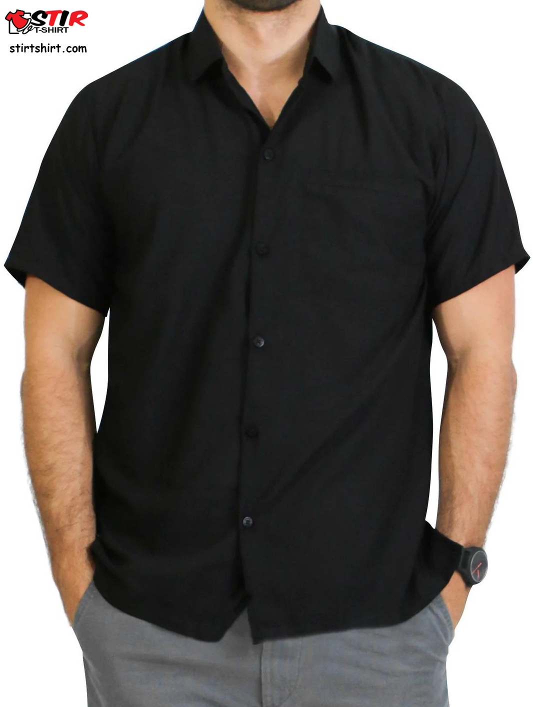 Regular Size Beach Hawaiian Shirt Aloha Tropical Beach Front Pocket Short Sleeve Black  Black  Mens