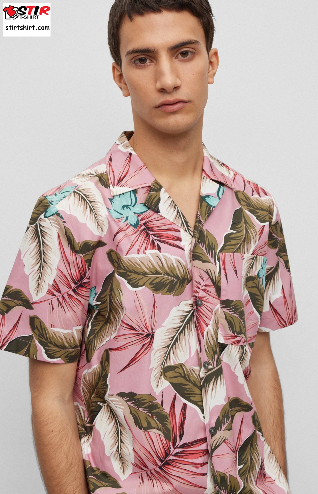 Relaxed Fit Shirt In Floral Print Cotton Poplin  Mens Pink 