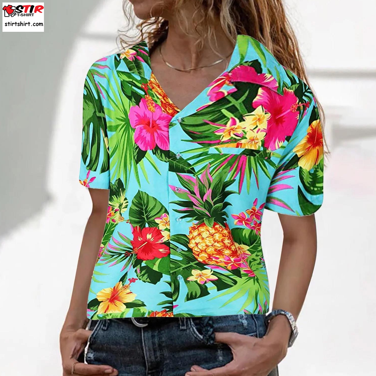 Sayhi Women Fashion Shirts Women_S Funky Hawaiian Shirt Blouse Frontpocket Leaves Flowers Pineapple Print  Hawaiian Print Shirt Womens