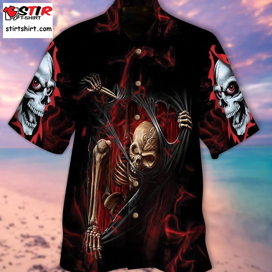 Skeleton Ripped Hawaiian Shirt Red Smoke Skulls Pattern  Skeleton 