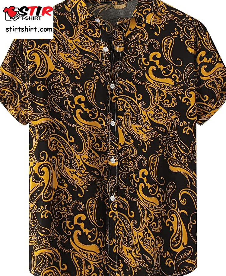 Summer Men Hawaiian Shirt Short Sleeve Beach Tops Mens Quick Dry Tropical Aloha Shirts Button Down T Shirts  Black And Gold 