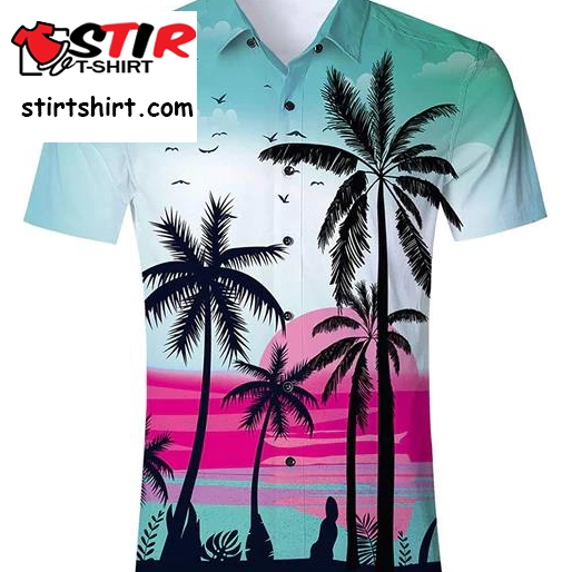 Sunset Palm Tree Funny Hawaiian Shirt  Pink And Blue 