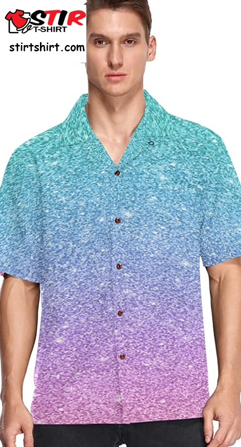 Turquoise Pink Sparkle Men_S Hawaiian Shirt Short Sleeves Button Down Aloha Shirts Beach Dress Shirts  Turquoise 