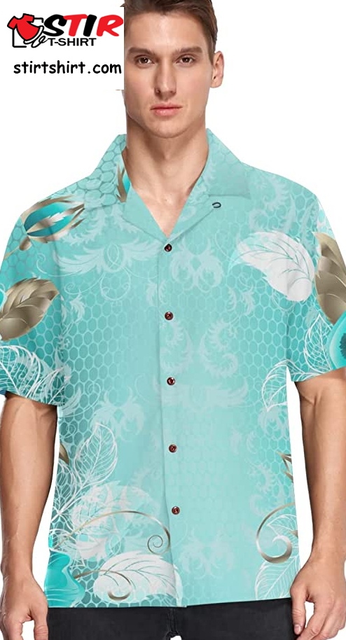 Turquoise Roses Flowers Men_S Hawaiian Shirt Teal Green Short Sleeves Button Down Aloha Shirts Beach Dress Shirts  Turquoise 