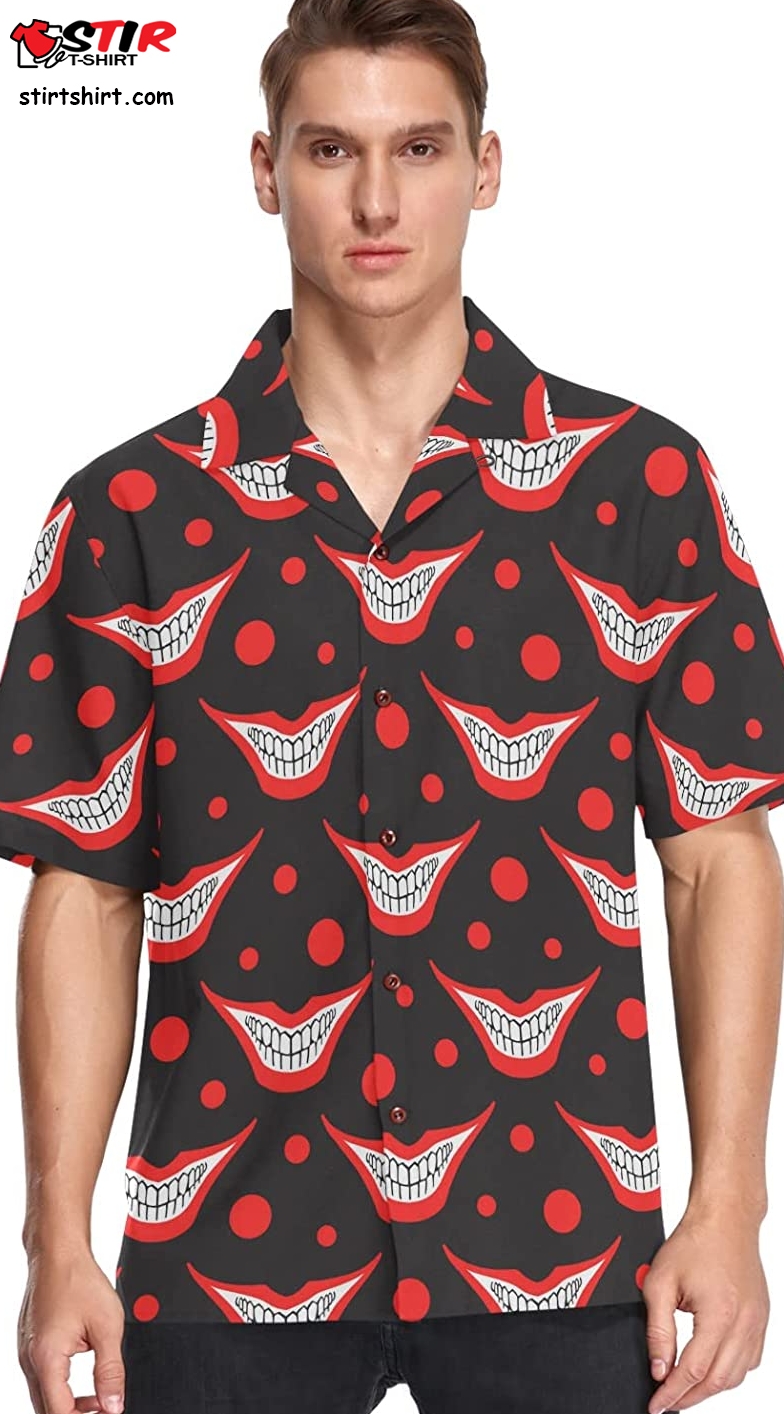 Vnurnrn Evil Clown Playing Joker Red Polka Dot Hawaiian Shirt For Men Short Sleeve
