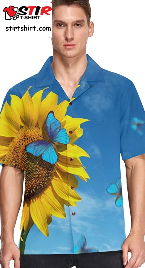 Vnurnrn Sunflower Butterfly Blue Sky Hawaiian Shirt For Men Short Sleeve  Blue Sky Inn 