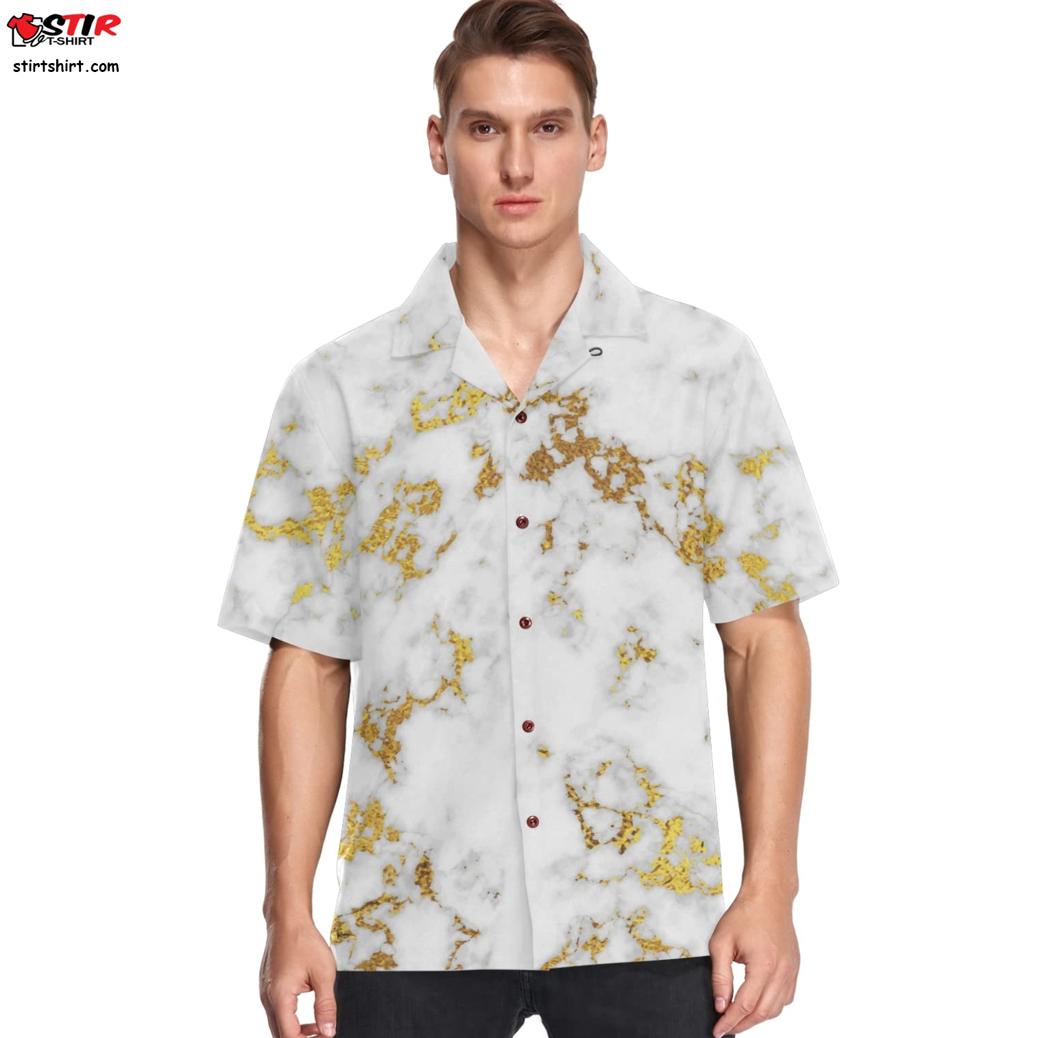 White Marle Gold Texture Men_S Hawaiian Shirt Short Sleeves Button Down Aloha Shirts  White 