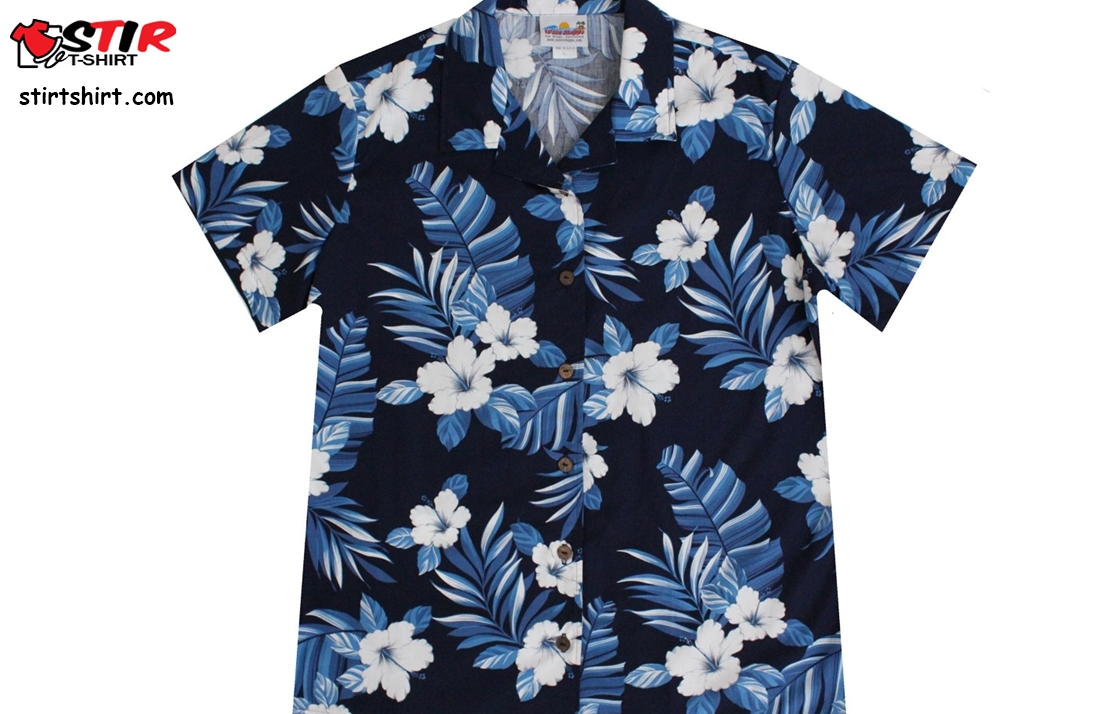 Women_S Navy Blue Hawaiian Shirts With Hibiscus Flowers  s Blue