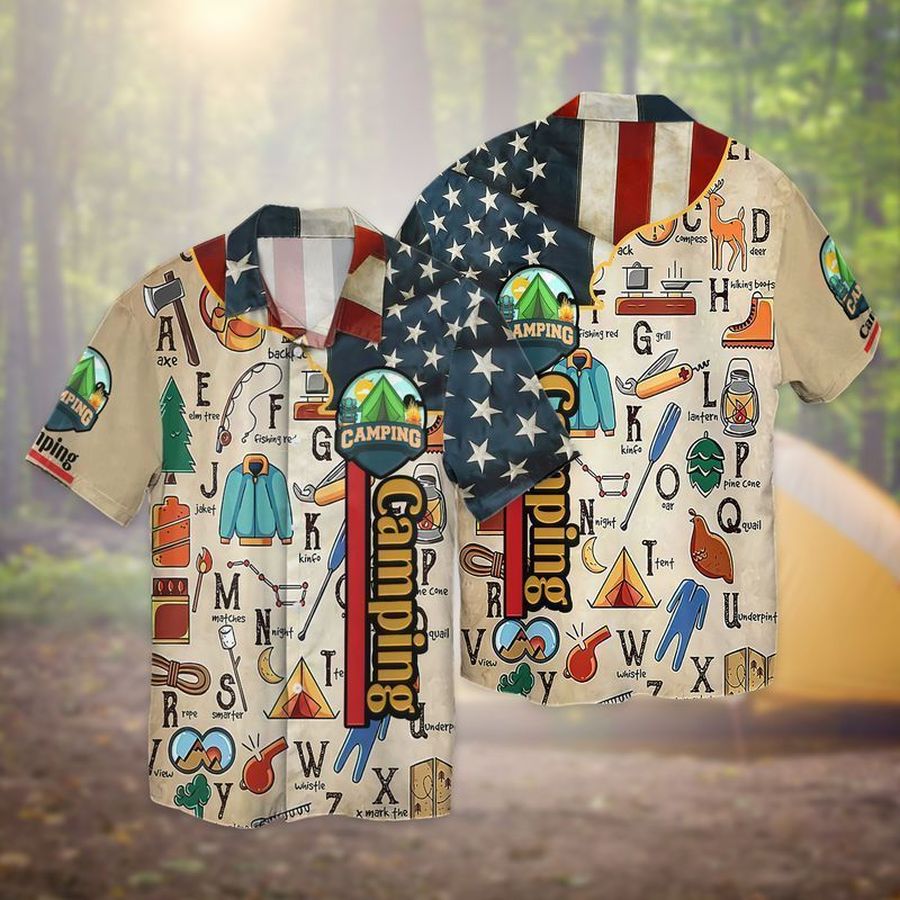 4Th Of July Independence Day Camping Alphabet For Men And Women Graphic Print Short Sleeve Hawaiian Casual Shirt Y97