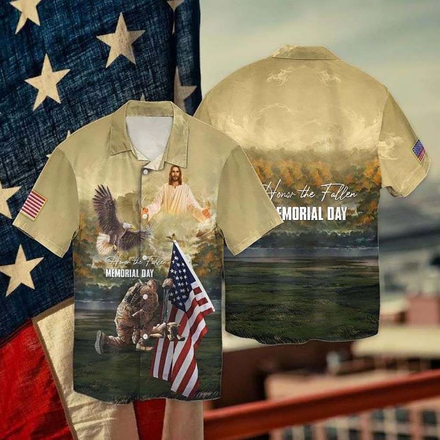 4Th Of July Independence Day Memorial Day Eagle And Jesus Honor The Fallen Hawaiian Shirt For Men Women
