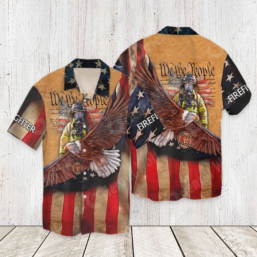 4Th Of July Independence Day Memorial Day Firefighter We The People Graphic Print Short Sleeve Hawaiian Casual Shirt Y97