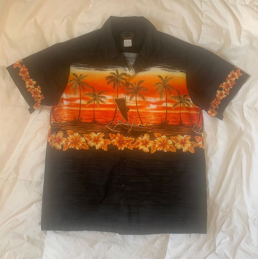70S Hawaiian Shirt Orange Sunset Size Small Tropical
