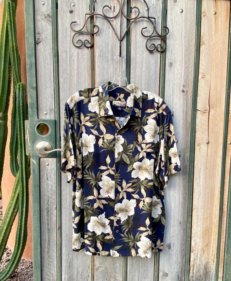 90S Havana Jacks Cafe Hawaiian Shirt Navy Background Tropical Florals Coconut Wood Buttons Size L