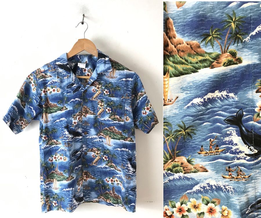 90S Island Whale Print Hawaiian Shirt Boys Size 16, Boys Hawaiian Shirt, Island Beach Print Shirt, Tropical Beach Boys Hawaiian Shirt