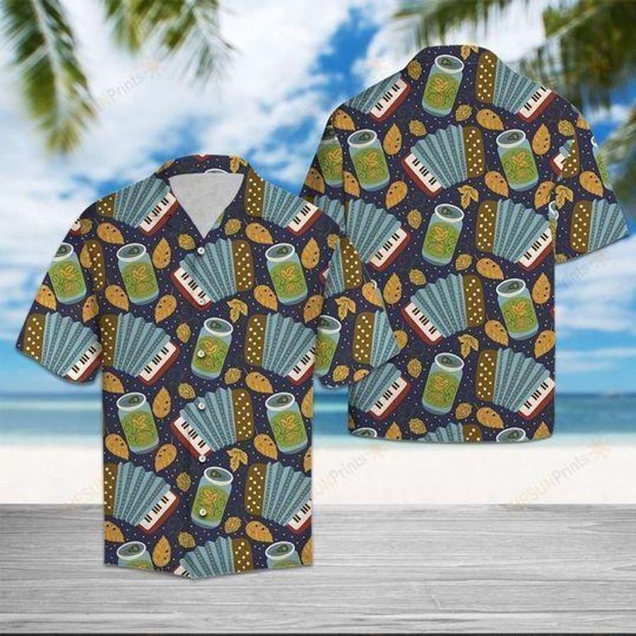 Accordion And Beer Drink Short Sleeve Hawaiian Shirt Unisex Hawaii Size S 5Xl