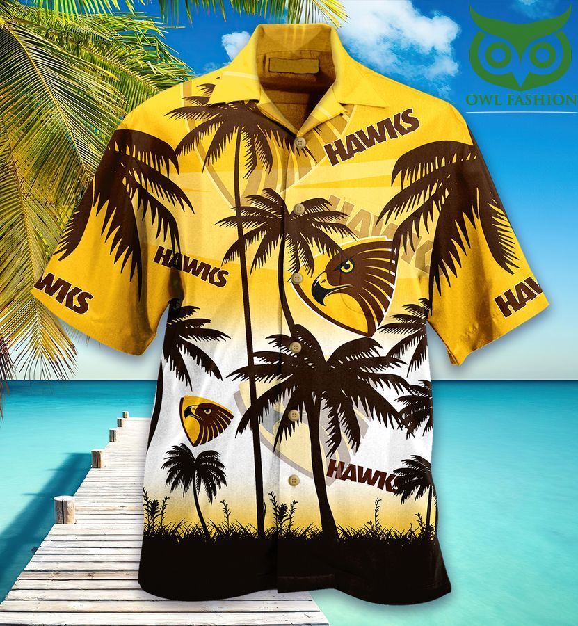 Afl Hawthorn Football Club Hawks Sea Palm Hawaiian Shirt
