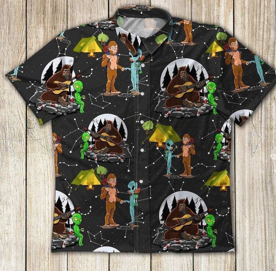 Alien And Bigfoot Go Camping Unisex Hawaiian Shirts For Camper Kv
