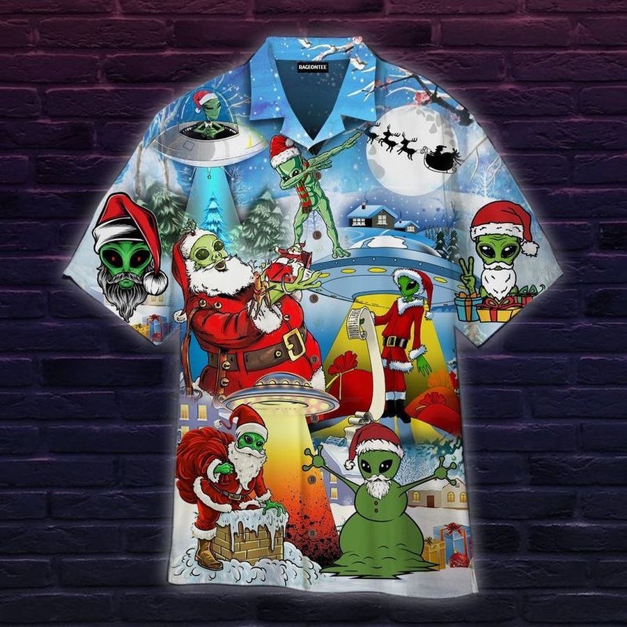 Alien And Santa Claus Merry Christmas Short Sleeve Hawaiian Shirt Unisex Hawaii Size S 5Xl