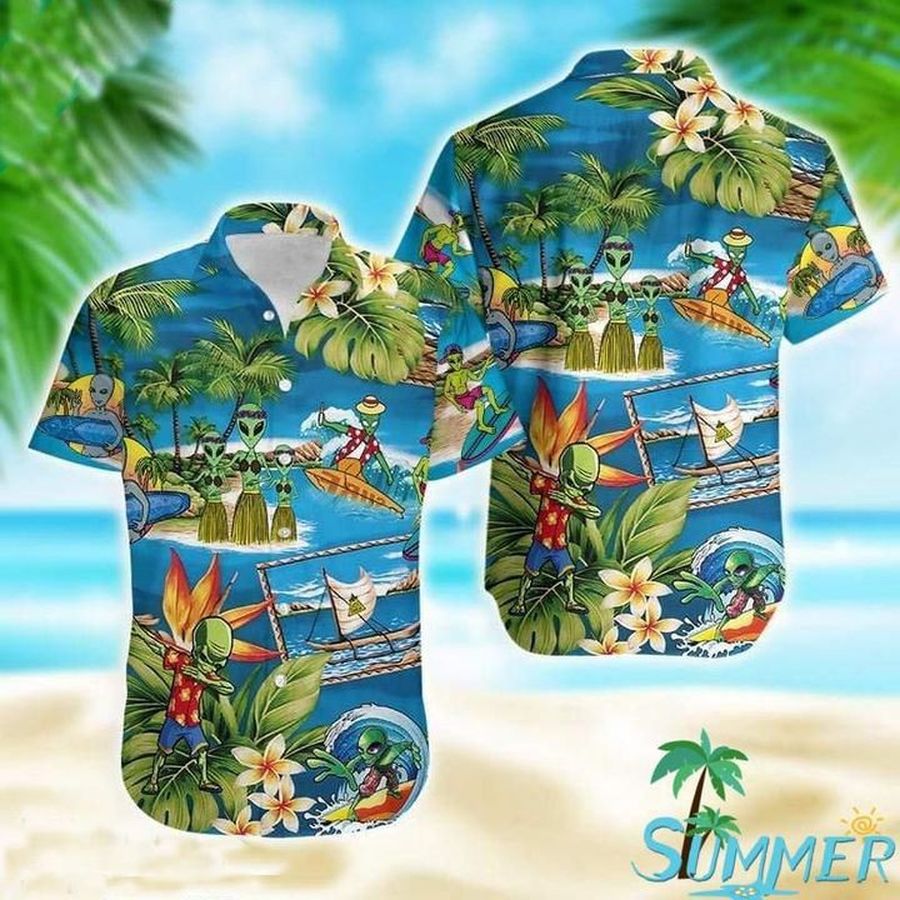 Alien Summer Tropical Hawaiian Graphic Print Short Sleeve Hawaiian Casual Shirt N98