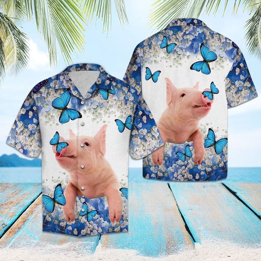 Aloha Shirt Pig Blue And White Flower G5717 Hawaiian Shirt