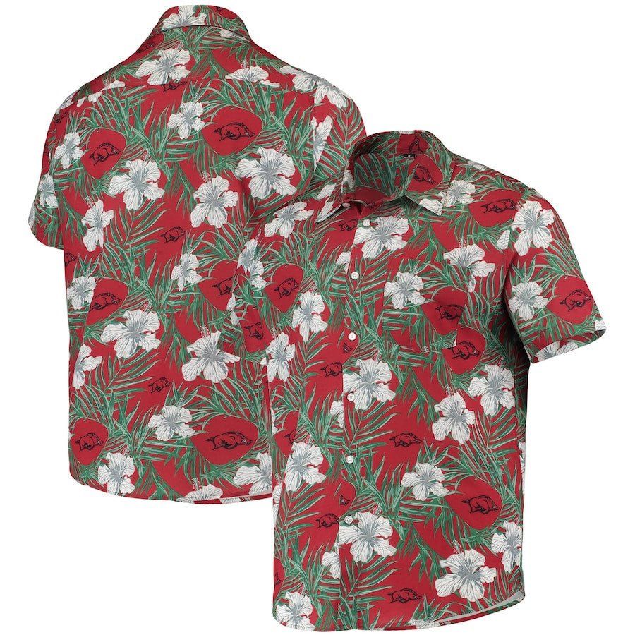 Arkansas Razorbacks Cardinal Floral Leaves Button Up Hawaiian Shirt