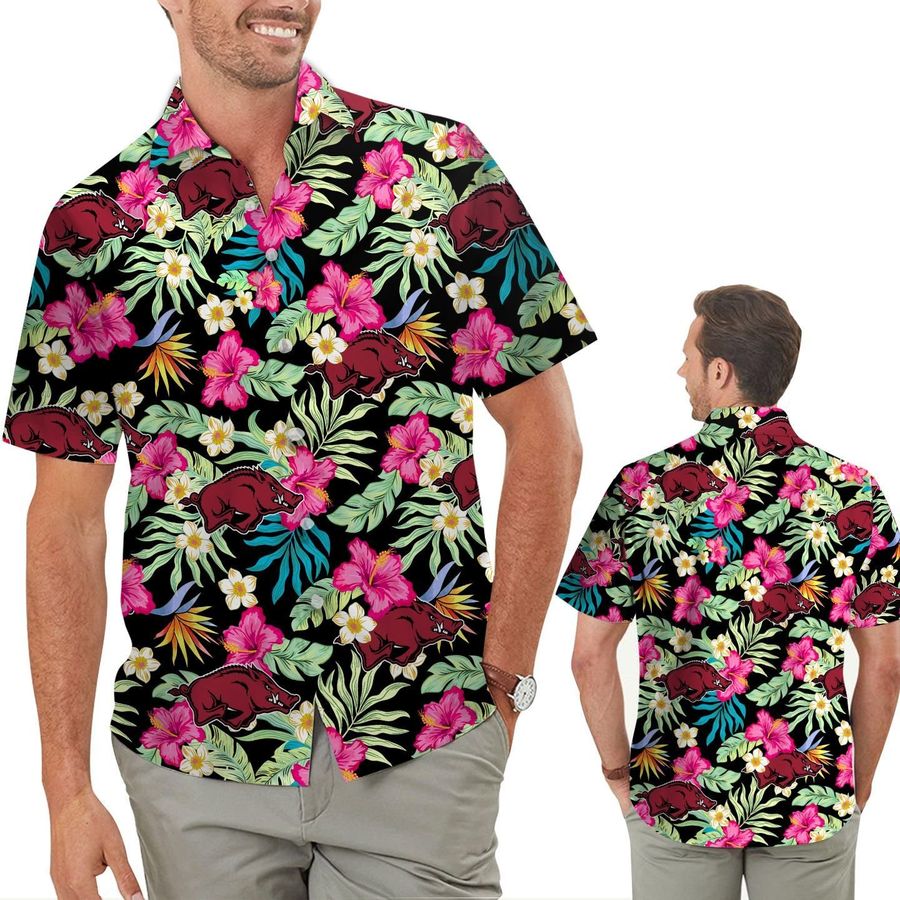 Arkansas Razorbacks Hibiscus Short Sleeve Button Up Tropical Aloha Hawaiian Shirts For Men Women For Sport Lovers In Summer University Of Arkansas