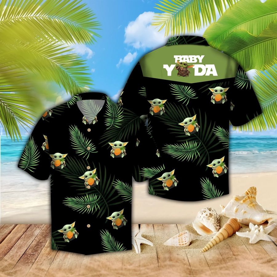 Baby Yoda Hug Pineapple Graphic Print Short Sleeve Hawaiian Casual Shirt N98