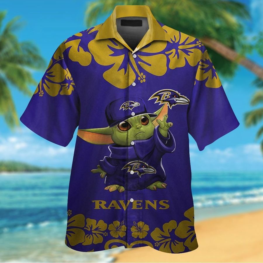 Baltimore Ravens Baby Yoda Short Sleeve Button Up Tropical Aloha Hawaiian Shirts For Men Women StirtShirt