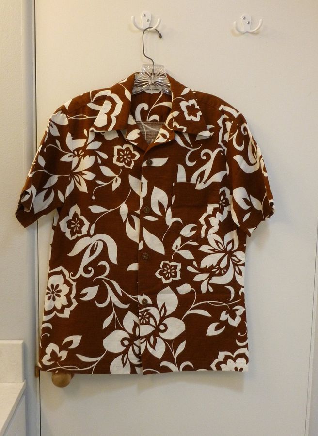 Barkcloth Hawaiian Shirt~~42 Chest~~Ivory And Brown Floral Hawaiian Shirt~~Barkcloth Shirt~~1960'S Hawaiian Shirt~~~Polynesian Shirt~~77 StirtShirt
