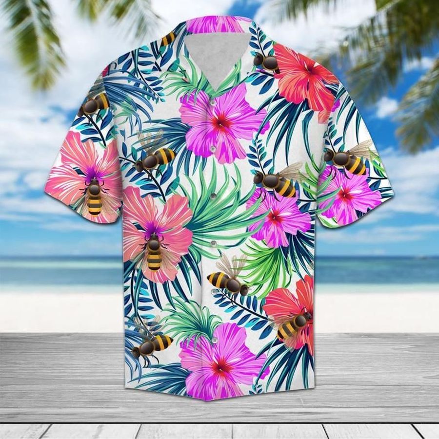 Bee And Hibiscus Flower Short Sleeve Hawaiian Shirt Unisex Hawaii Size S 5Xl StirtShirt