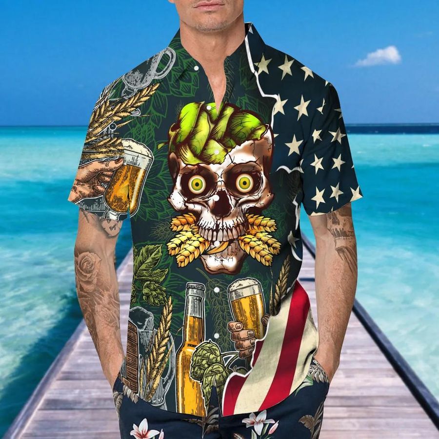 Beer Skull Us Flag Hawaiian Shirt, This Trends Summer Beach Shirt For Men Women StirtShirt