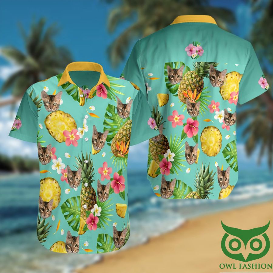 Bengal Cats And Pineapples And Leaves Turquoise Hawaiian Shirt StirtShirt