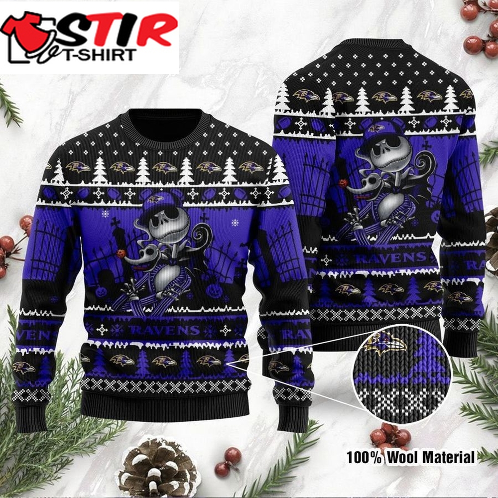 Baltimore Ravens Jack Skellington Halloween Holiday Party Ugly Christmas Sweater