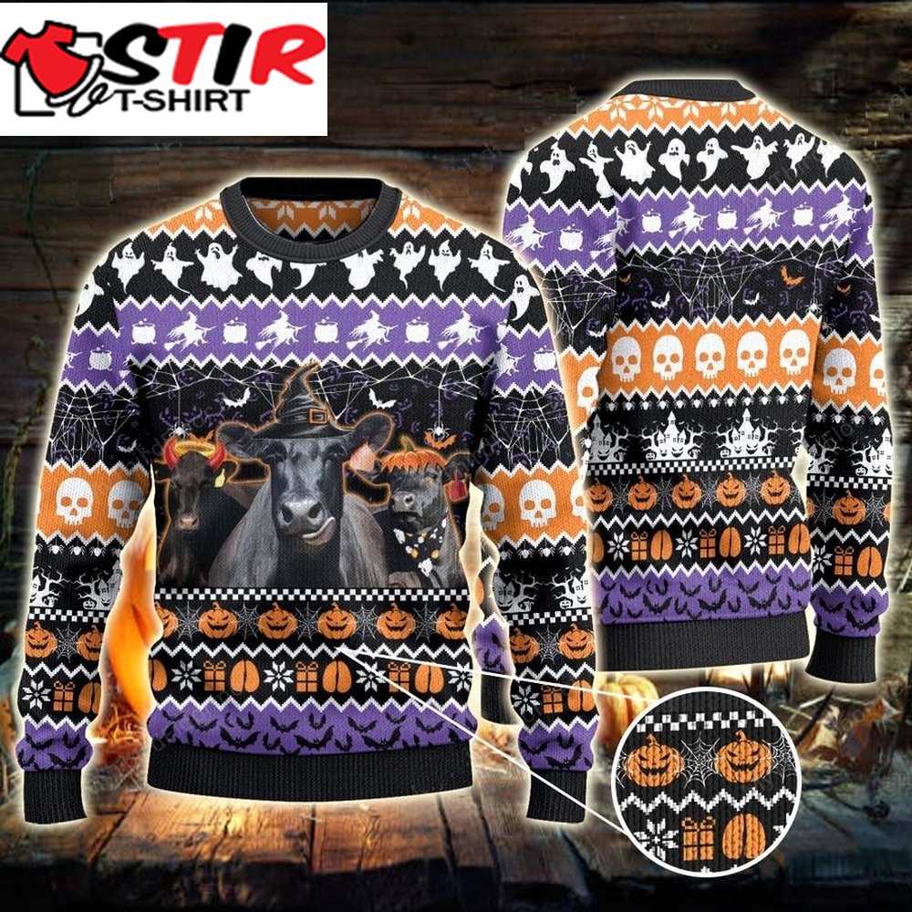Black Angus Cattle Halloween Skull Pumpkin Sweater, Sweatshirt