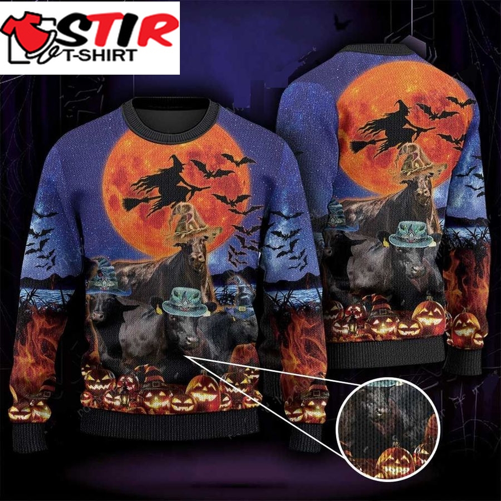Black Angus Cattle Witch Pumpkin Halloween Moon Sweater, Sweatshirt