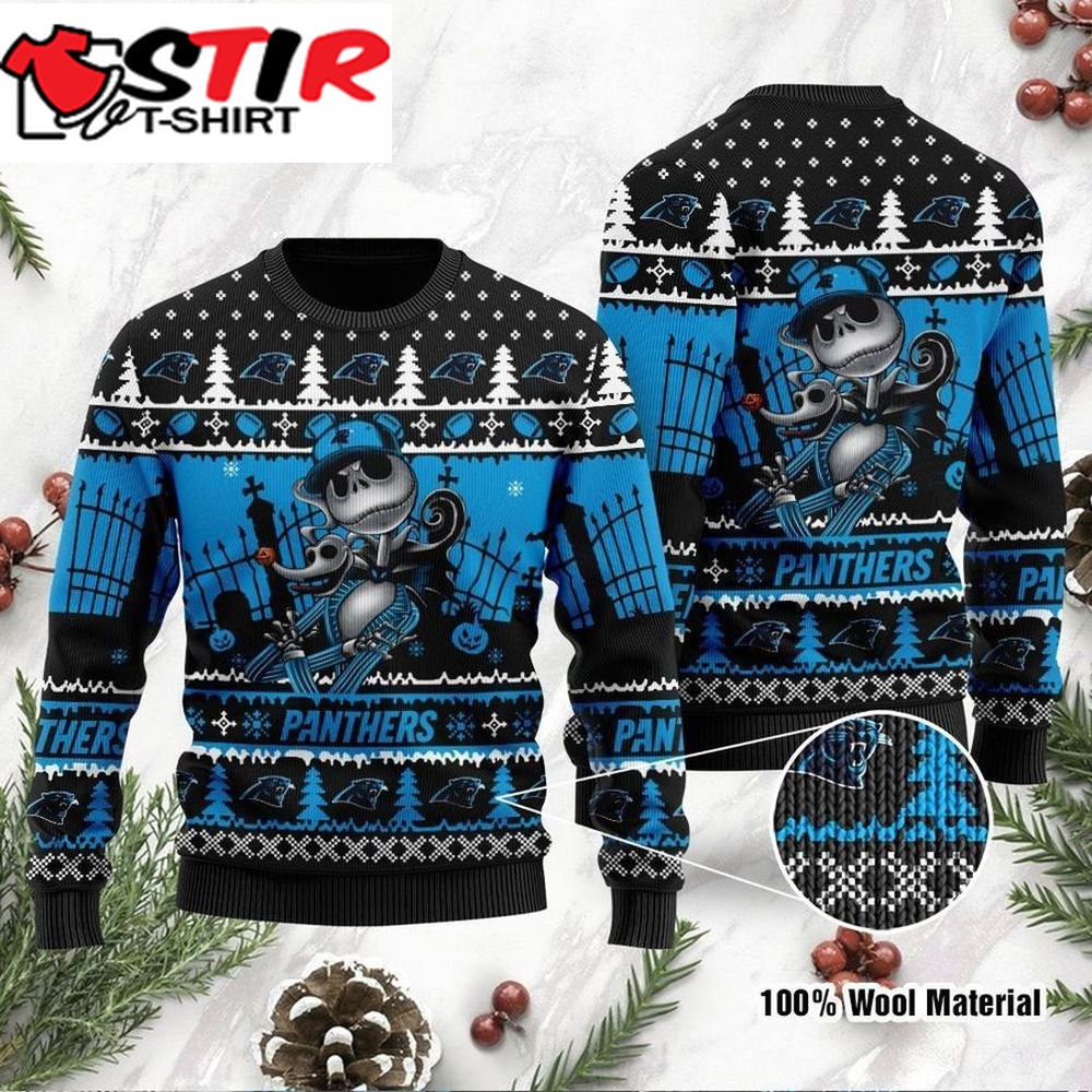 Carolina Panthers Jack Skellington Halloween Holiday Party Ugly Christmas Sweater