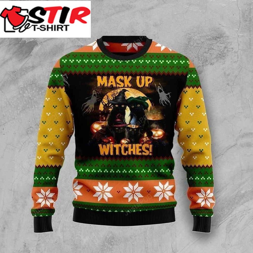 Halloween Black Cat Mask Up Witches Ugly Christmas Sweater All