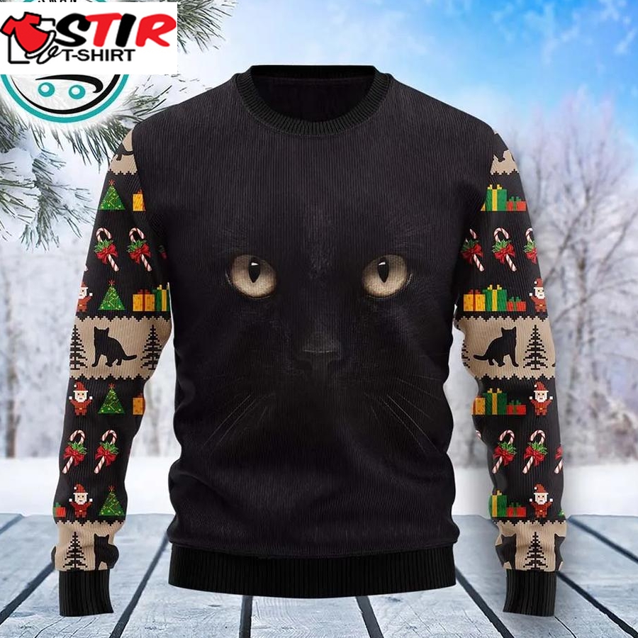 Black Cat Cute Face Ugly Christmas Sweater, Xmas Gifts For Men Women