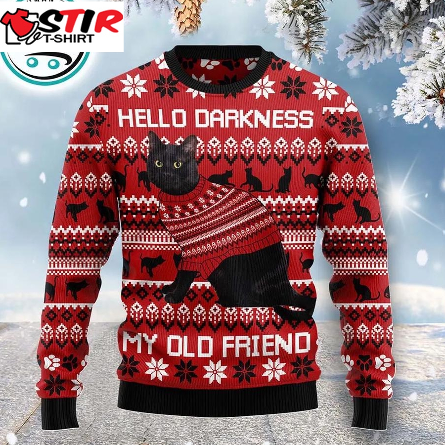 Black Cat Hello Darkness My Old Friend Ugly Christmas Sweater, Xmas Gifts For Men Women