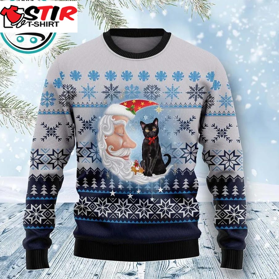 Black Cat Love Santa Moon Ugly Christmas Sweater, Xmas Gifts For Men Women