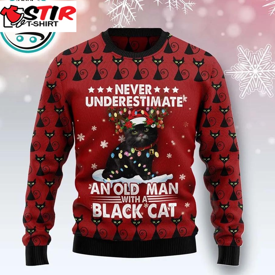 Black Cat Old Man Ugly Christmas Sweater, Xmas Gifts For Men Women