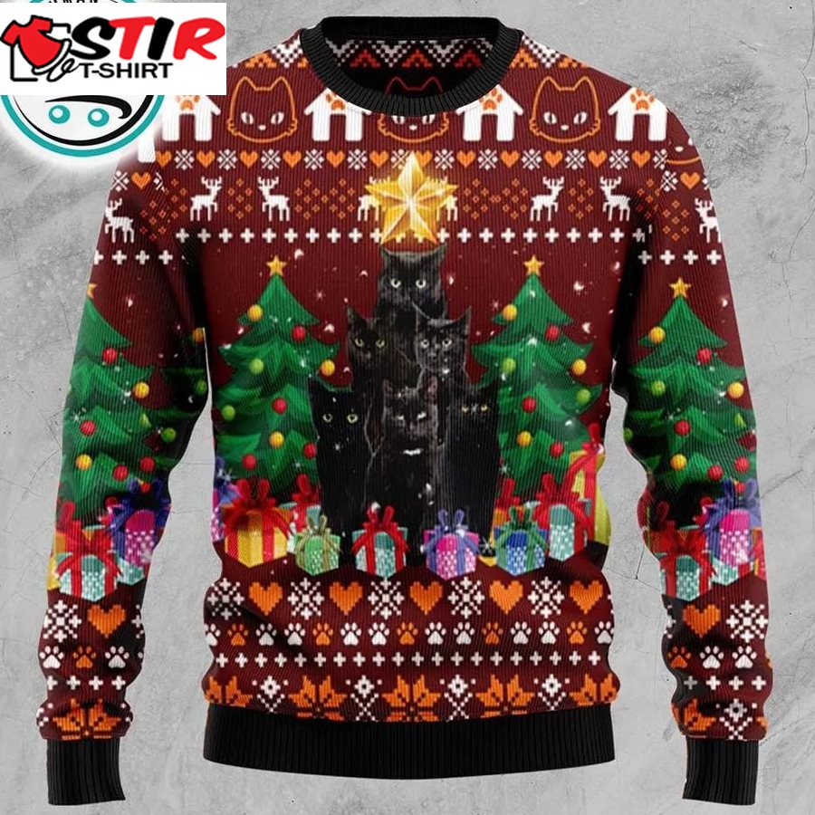 Black Cat Pine Tree Ugly Christmas Sweater, Xmas Gifts For Men Women