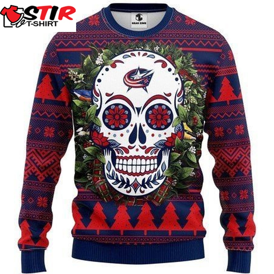 Columbus Blue Jackets Skull Flower Ugly Christmas Sweater All Over