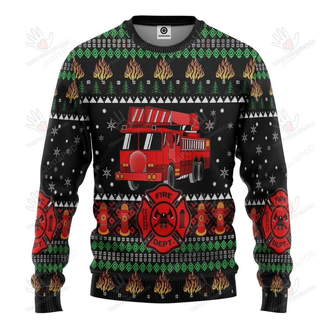 Firefighter Truck Ugly Christmas Sweater, All Over Print Sweatshirt, Ugly Ugly Sweater Christmas Gift   252