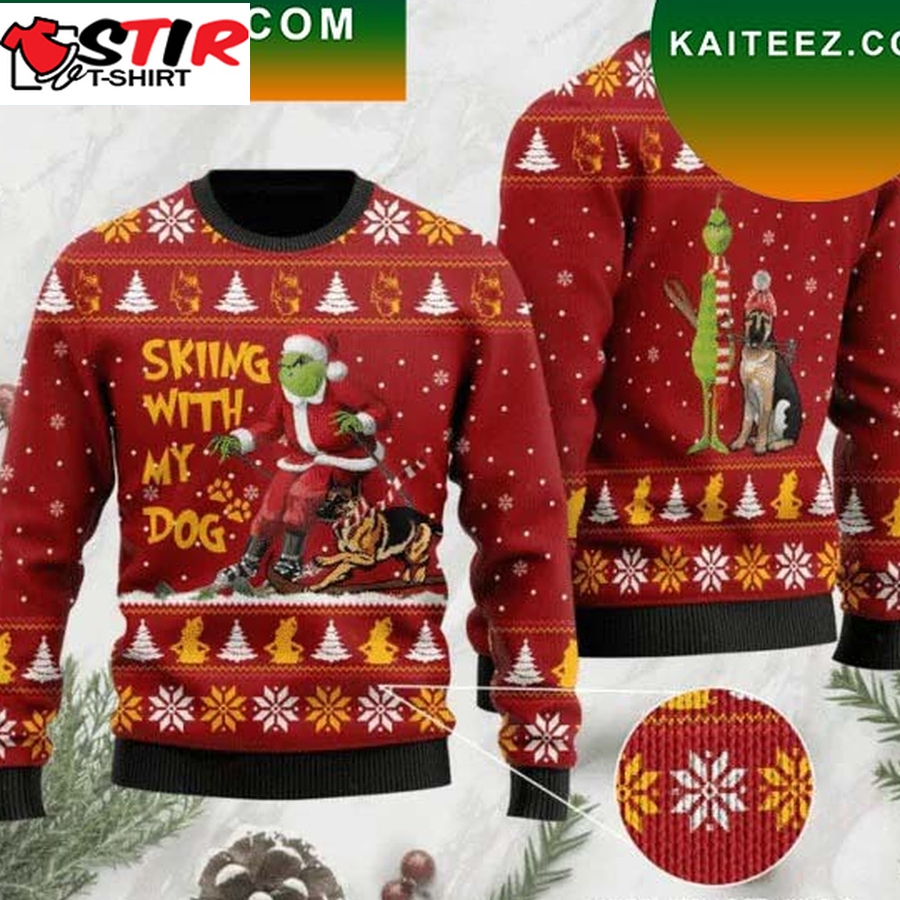 Grinch Skiing With My Dog Ugly Christmas Happy Xmas Wool Knitted Grinch Christmas Ugly Sweater