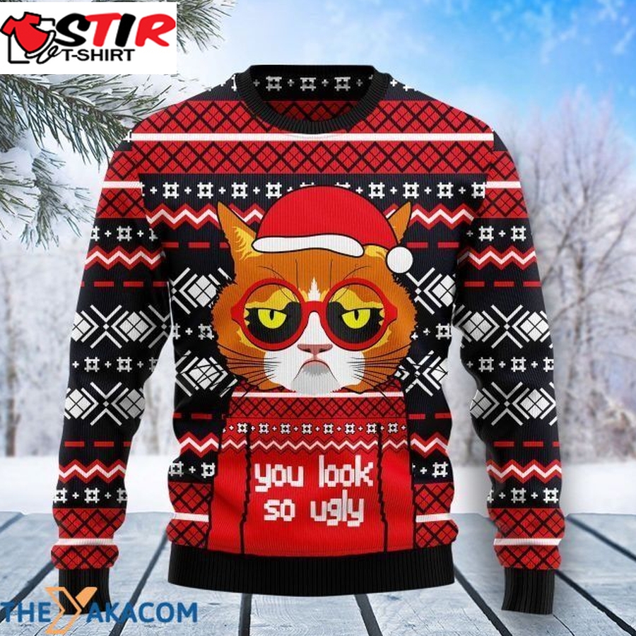Grumpy Brown Cat Wear Red You Look So Ugly Gift For Christmas Ugly Christmas Sweater   87