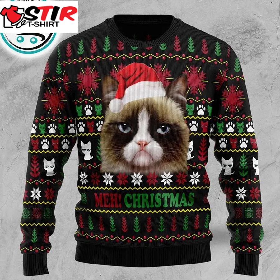 Grumpy Cat Meh! Ugly Christmas Sweater, Xmas Gifts For Men Women